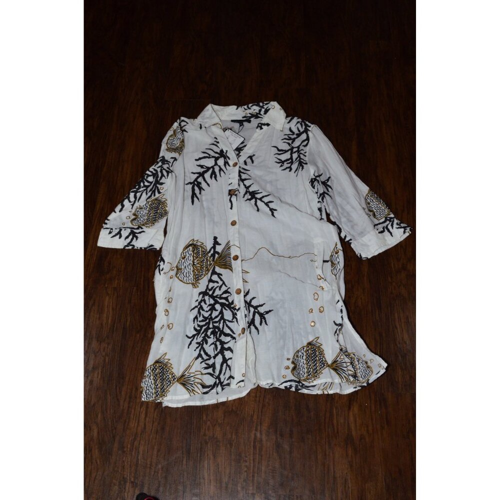 Women’s Size Med Button Up Tunic Shirt Coastal Nautical Sequins Bohemian Chic